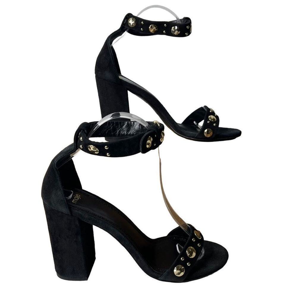 Maje Womens‎ Studded Suede Black Gold Block Heels Sandals Size EU 39 US 8.5- 9